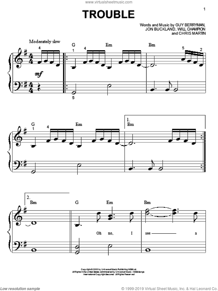 Trouble sheet music for piano solo (big note book) by Coldplay, Chris Martin, Guy Berryman, Jon Buckland and Will Champion, easy piano (big note book)