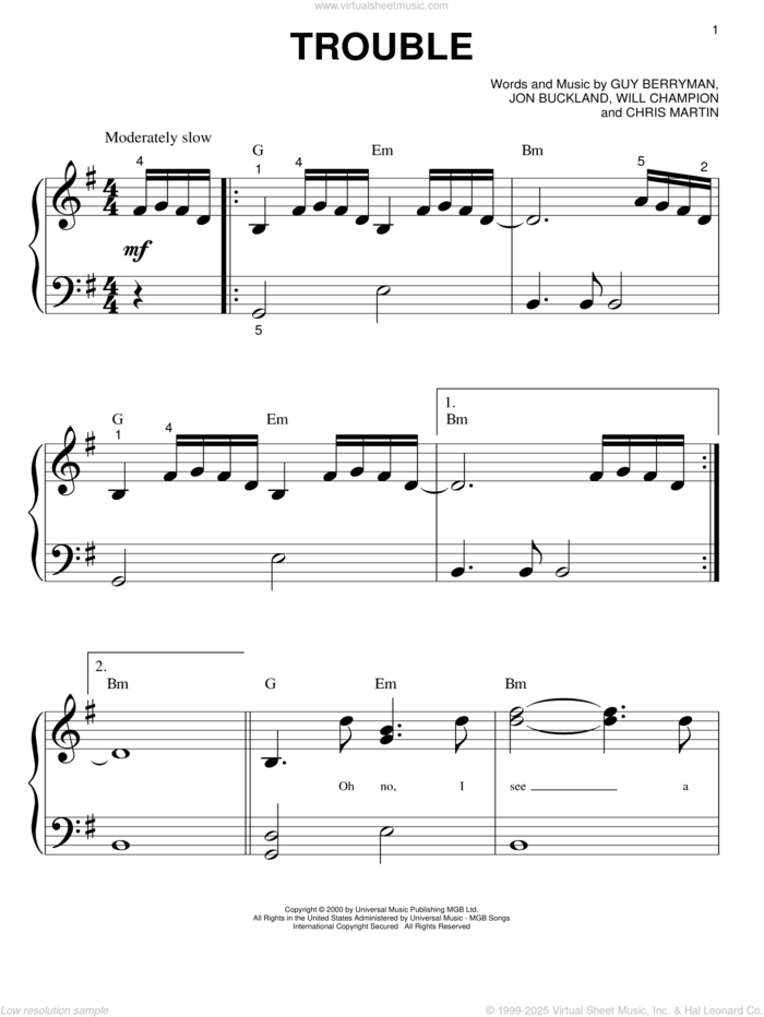 Trouble sheet music for piano solo (big note book) by Coldplay, Chris Martin, Guy Berryman, Jon Buckland and Will Champion, easy piano (big note book)