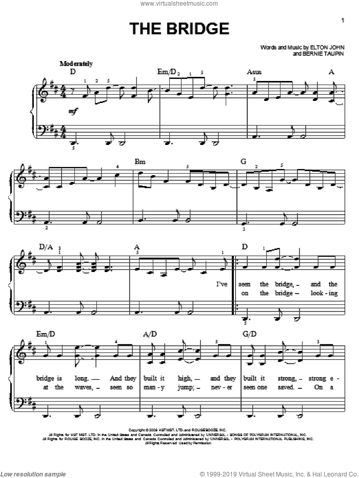 The Bridge sheet music for piano solo by Elton John and Bernie Taupin, easy skill level