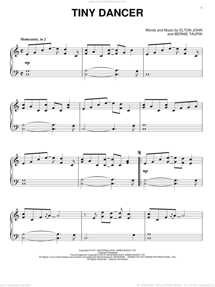 Tiny Dancer, (intermediate) sheet music for piano solo by Elton John and Bernie Taupin, intermediate skill level