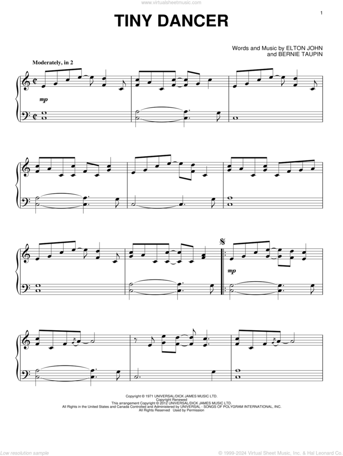 Tiny Dancer, (intermediate) sheet music for piano solo by Elton John and Bernie Taupin, intermediate skill level