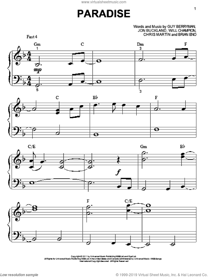 Paradise sheet music for piano solo (big note book) by Coldplay, Brian Eno, Chris Martin, Guy Berryman, Jon Buckland and Will Champion, easy piano (big note book)