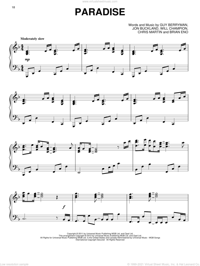 Paradise, (intermediate) sheet music for piano solo by Coldplay, Brian Eno, Chris Martin, Guy Berryman, Jon Buckland and Will Champion, intermediate skill level