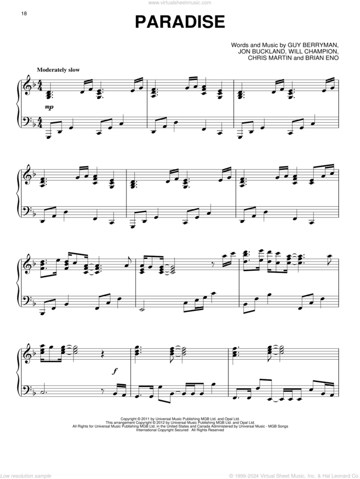 Paradise, (intermediate) sheet music for piano solo by Coldplay, Brian Eno, Chris Martin, Guy Berryman, Jon Buckland and Will Champion, intermediate skill level