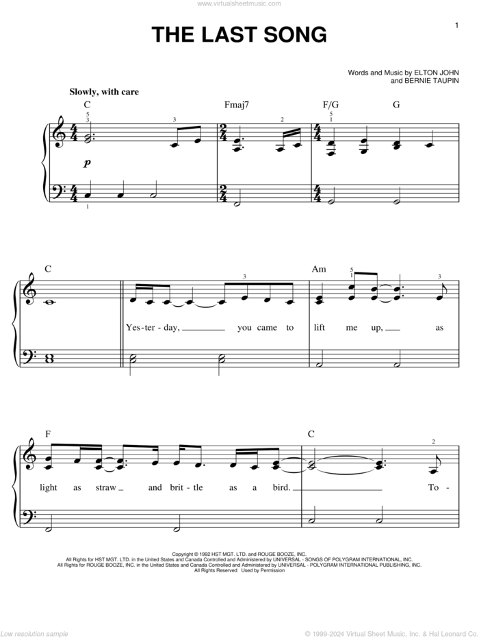 The Last Song sheet music for piano solo by Elton John and Bernie Taupin, easy skill level