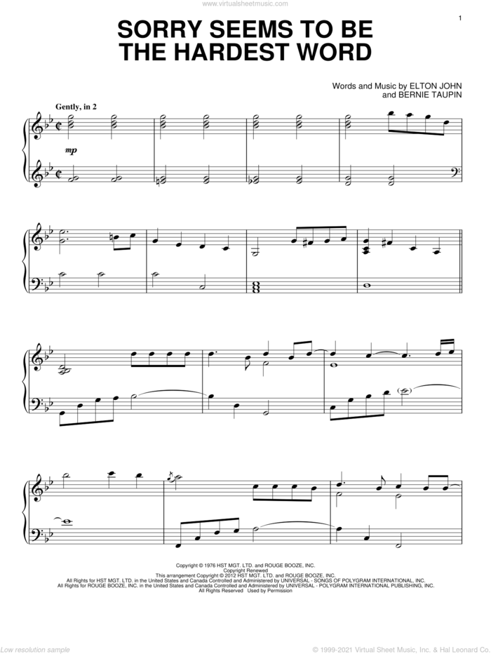 Sorry Seems To Be The Hardest Word sheet music for piano solo by Elton John and Bernie Taupin, intermediate skill level