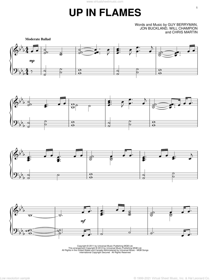 Up In Flames sheet music for piano solo by Coldplay, Chris Martin, Guy Berryman, Jon Buckland and Will Champion, intermediate skill level