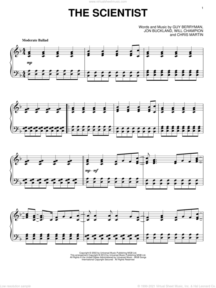 The Scientist, (intermediate) sheet music for piano solo by Coldplay, Chris Martin, Guy Berryman, Jon Buckland and Will Champion, intermediate skill level