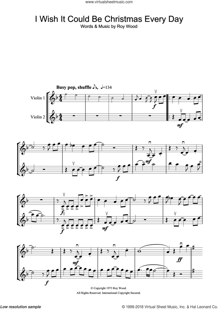 I Wish It Could Be Christmas Every Day sheet music for two violins (duets, violin duets) by Wizzard and Roy Wood, intermediate skill level
