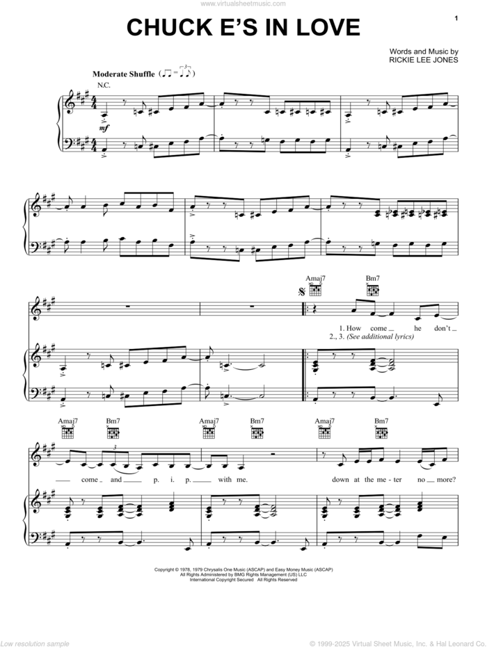 Chuck E's In Love sheet music for voice, piano or guitar by Rickie Lee Jones, intermediate skill level