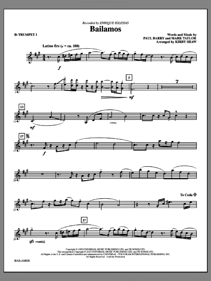 Bailamos (complete set of parts) sheet music for orchestra/band by Mark Taylor, Paul Barry, Enrique Iglesias and Kirby Shaw, intermediate skill level