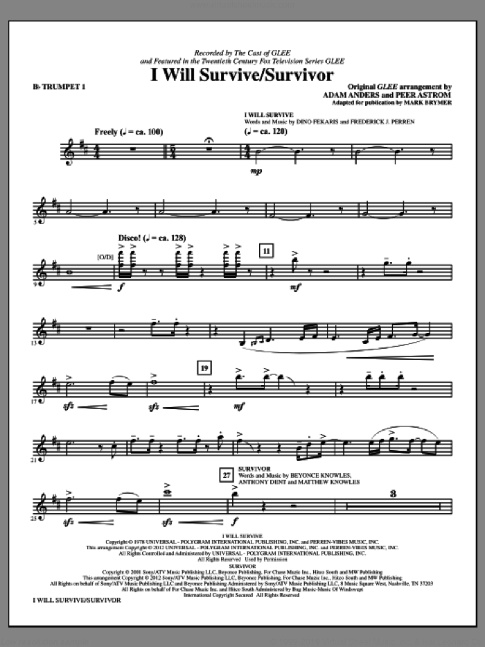 I Will Survive/Survivor (arr. Mark Brymer) (complete set of parts) sheet music for orchestra/band by Mark Brymer, Adam Anders, Glee Cast, Gloria Gaynor and Peer Astrom, intermediate skill level