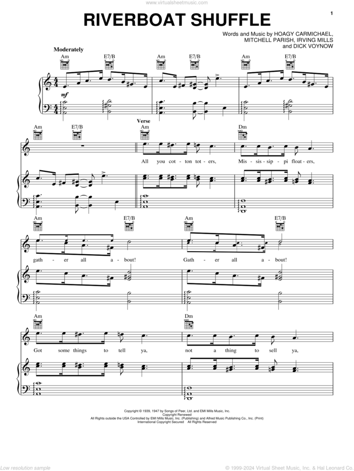 Riverboat Shuffle sheet music for voice, piano or guitar by Bix Beiderbecke, Dick Voynow, Irving Mills and Mitchell Parish, intermediate skill level