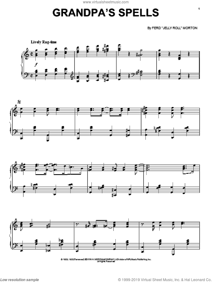 Grandpa's Spells sheet music for voice, piano or guitar by Jelly Roll Morton, intermediate skill level