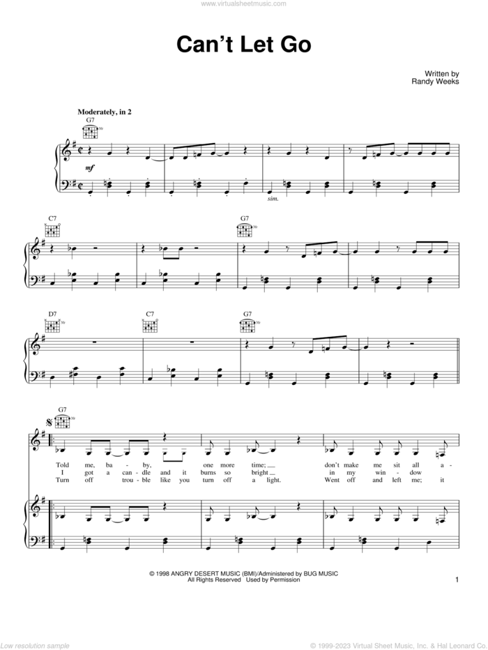 Can't Let Go sheet music for voice, piano or guitar by Lucinda Williams and Randy Weeks, intermediate skill level