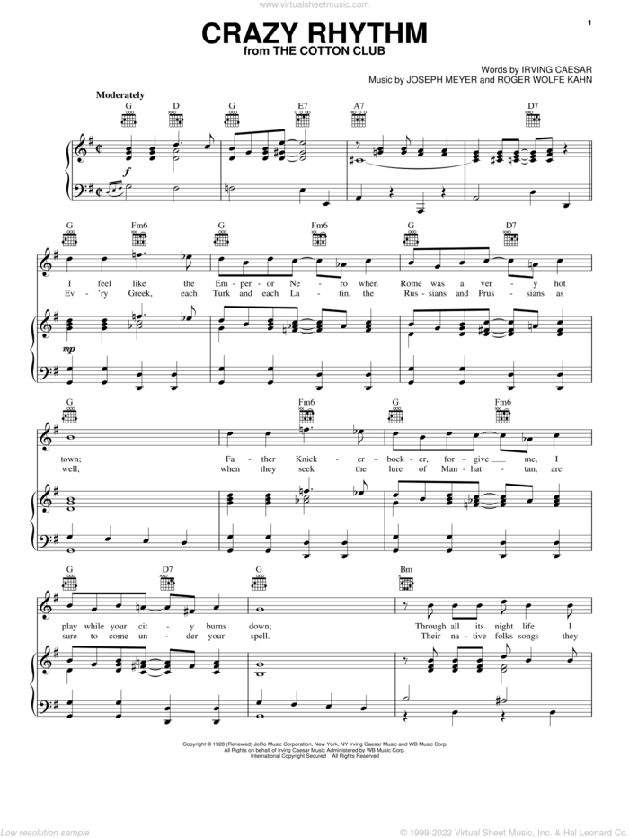 Crazy Rhythm sheet music for voice, piano or guitar by Ben Bernie, Irving Caesar, Joseph Meyer and Roger Wolfe Kahn, intermediate skill level