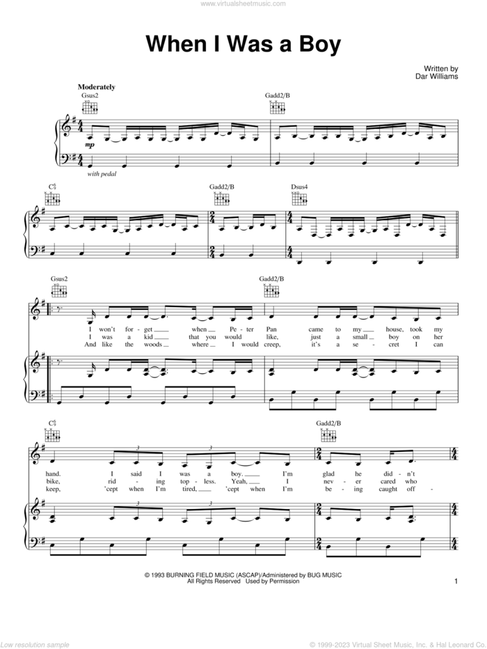 When I Was A Boy sheet music for voice, piano or guitar by Dar Williams, intermediate skill level