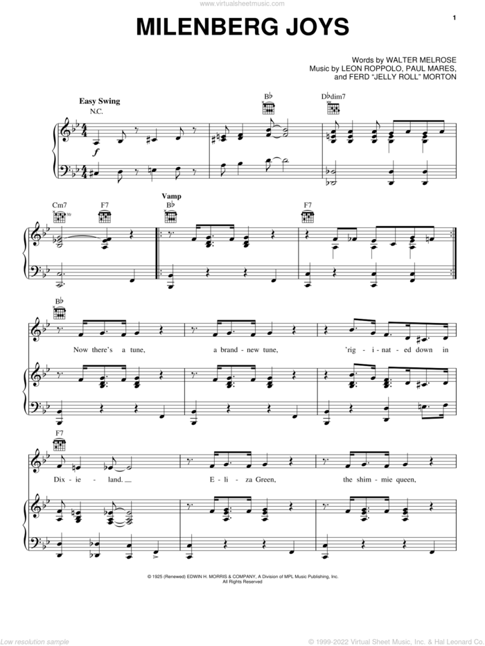 Milenberg Joys sheet music for voice, piano or guitar by Walter Melrose, Jelly Roll Morton, Leon Roppolo and Paul Mares, intermediate skill level