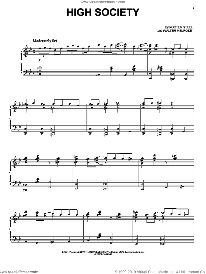 High Society sheet music for voice, piano or guitar by Porter Steele and Walter Melrose, intermediate skill level