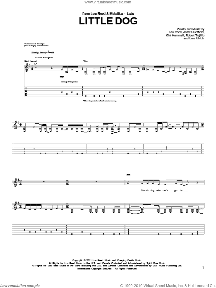 Little Dog sheet music for guitar (tablature) by Lou Reed & Metallica, James Hetfield, Kirk Hammett, Lou Reed and Robert Trujillo, intermediate skill level
