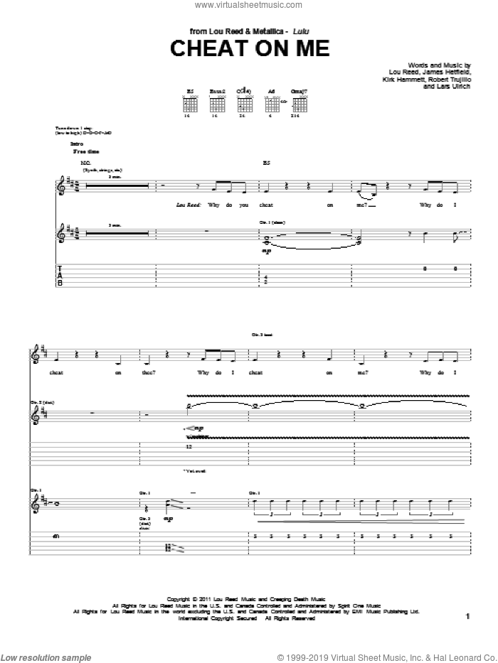 Cheat On Me sheet music for guitar (tablature) by Lou Reed & Metallica, James Hetfield, Kirk Hammett, Lars Ulrich and Lou Reed, intermediate skill level