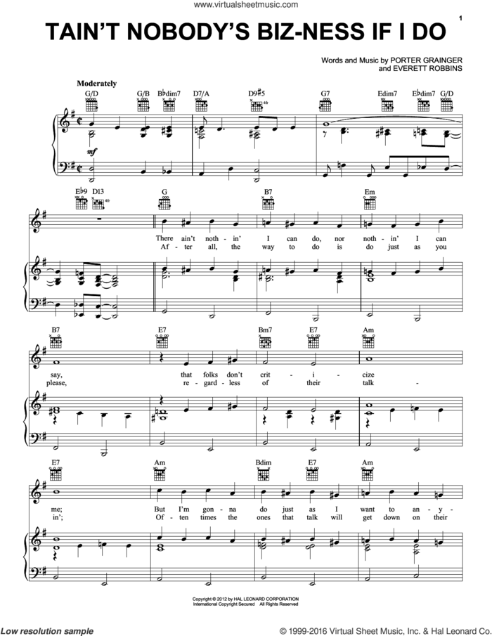 Tain't Nobody's Biz-ness If I Do sheet music for voice, piano or guitar by Bessie Smith, Everett Robbins and Porter Grainger, intermediate skill level