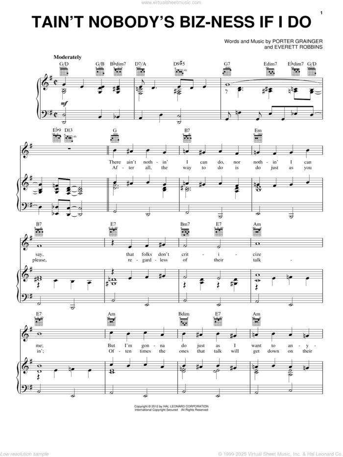 Tain't Nobody's Biz-ness If I Do sheet music for voice, piano or guitar by Bessie Smith, Everett Robbins and Porter Grainger, intermediate skill level