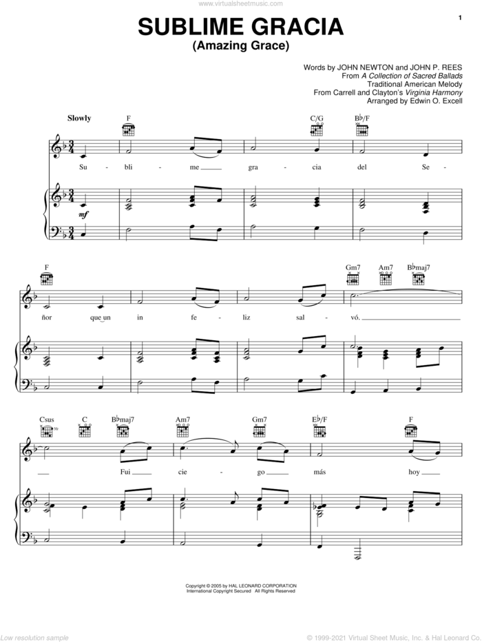 Sublime Gracia (Amazing Grace) sheet music for voice, piano or guitar by Carmen Torres, Edwin O. Excell, John Newton, John P. Rees and Miscellaneous, intermediate skill level
