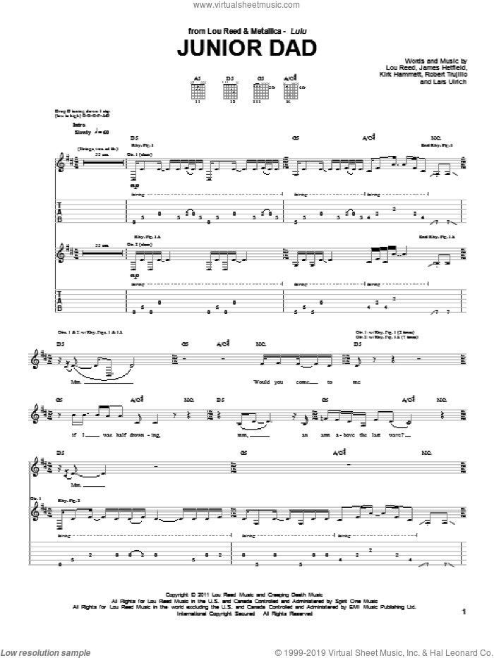 Junior Dad sheet music for guitar (tablature) by Lou Reed & Metallica, Kirk Hammett, Lars Ulrich, Lou Reed and Robert Trujillo, intermediate skill level