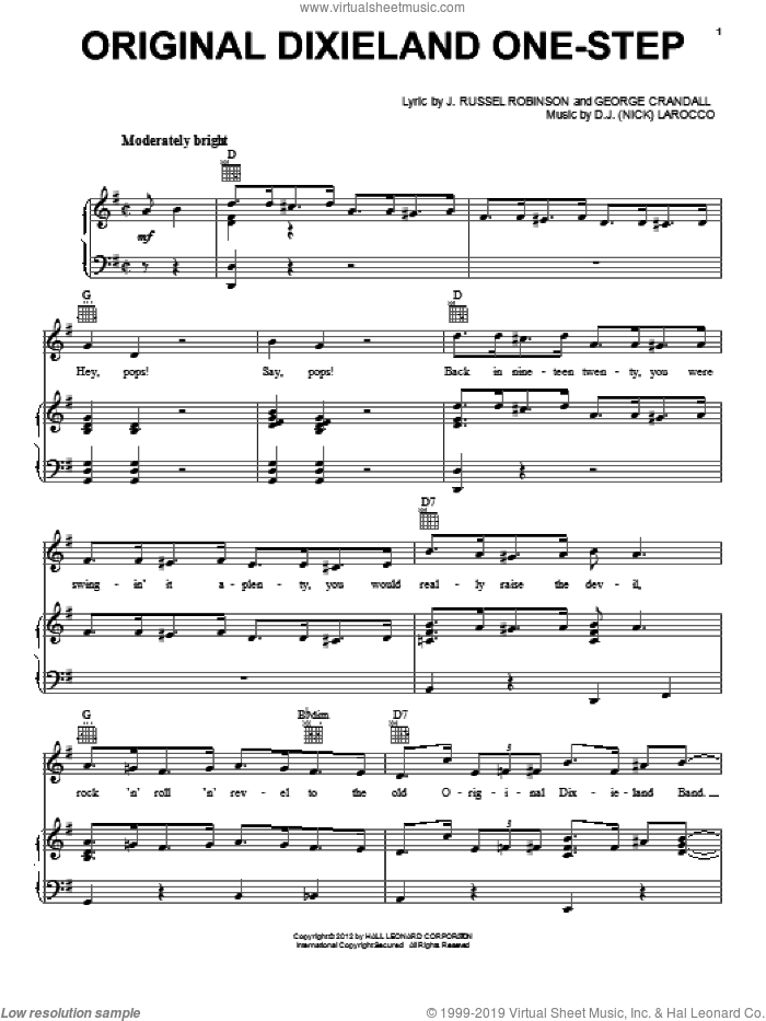 Original Dixieland One-Step sheet music for voice, piano or guitar by J. Russel Robinson, D.J. Larocco and George Crandall, intermediate skill level