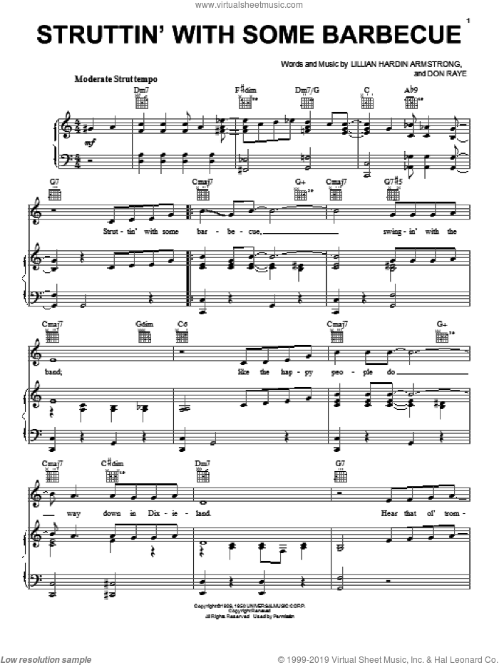 Struttin' With Some Barbecue sheet music for voice, piano or guitar by Louis Armstrong, Don Raye and Lillian Hardin Armstrong, intermediate skill level