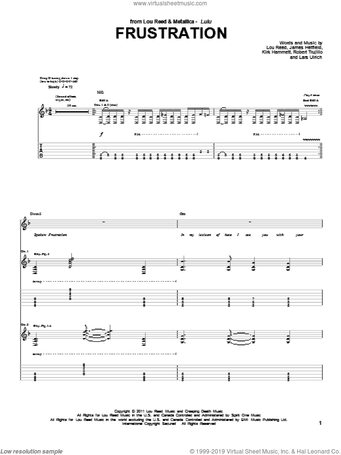 Frustration sheet music for guitar (tablature) by Lou Reed & Metallica, James Hetfield, Kirk Hammett, Lou Reed and Robert Trujillo, intermediate skill level