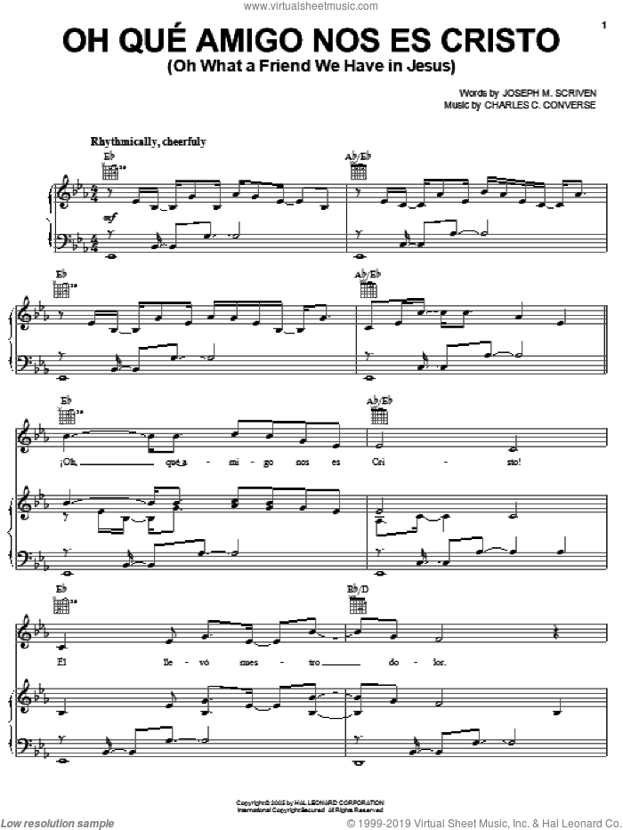 Oh Que Amigo Nos Es Cristo (Oh What A Friend We Have In Jesus) sheet music for voice, piano or guitar by Joseph M. Scriven and Charles C. Converse, intermediate skill level