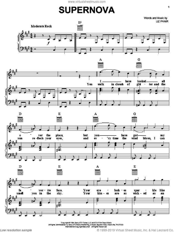 Supernova sheet music for voice, piano or guitar by Liz Phair, intermediate skill level