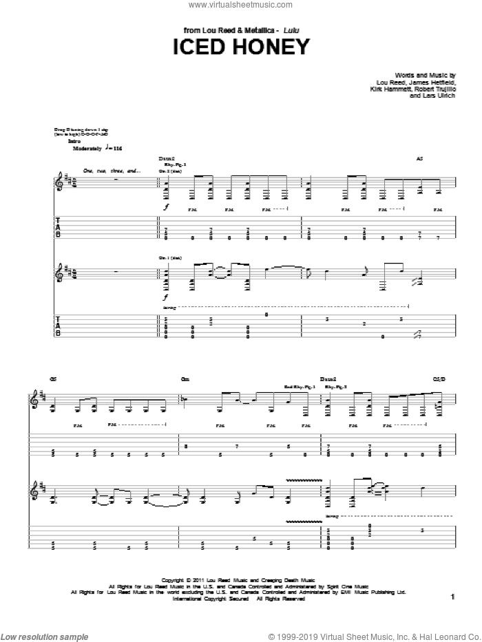 Iced Honey sheet music for guitar (tablature) by Lou Reed & Metallica, James Hetfield, Lars Ulrich, Lou Reed and Robert Trujillo, intermediate skill level