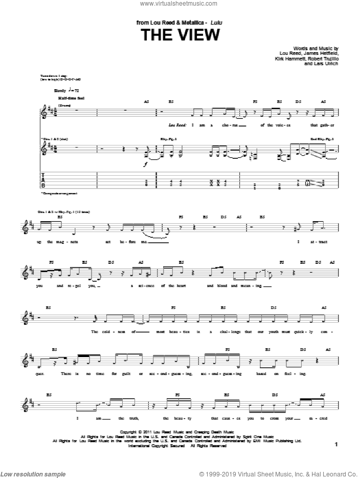 The View sheet music for guitar (tablature) by Lou Reed & Metallica, James Hetfield, Lars Ulrich, Lou Reed and Robert Trujillo, intermediate skill level