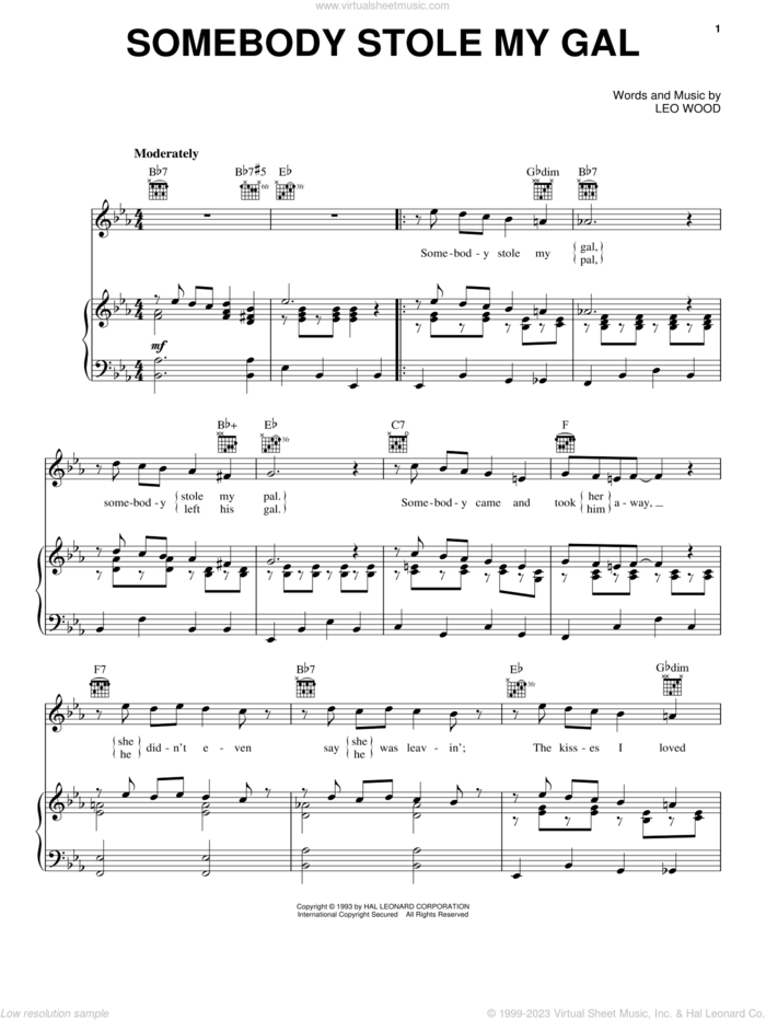 Somebody Stole My Gal sheet music for voice, piano or guitar by Leo Wood, intermediate skill level