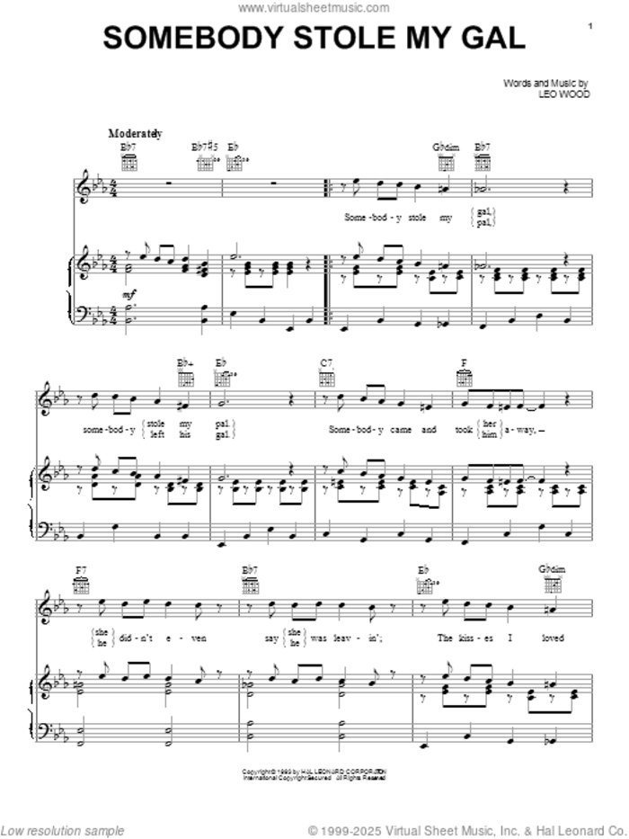 Somebody Stole My Gal sheet music for voice, piano or guitar by Leo Wood, intermediate skill level