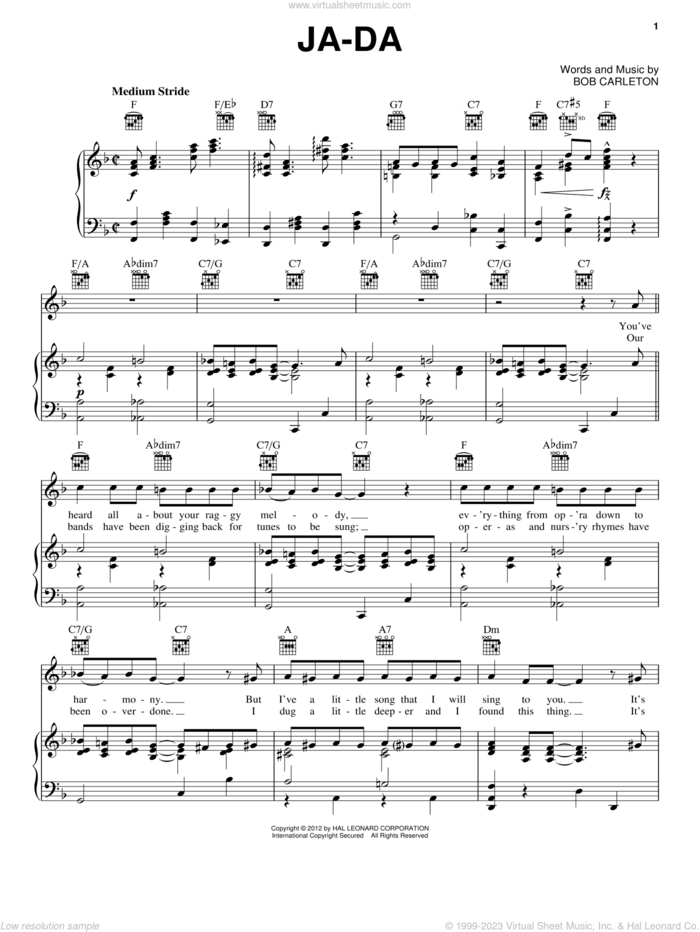 Ja-Da sheet music for voice, piano or guitar by Bob Carleton, intermediate skill level
