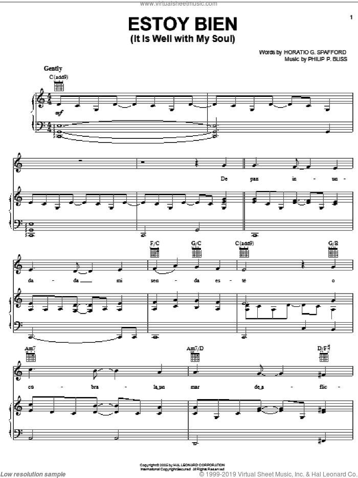 Estoy Bien (It Is Well With My Soul) sheet music for voice, piano or guitar by Horatio G. Spafford and Philip P. Bliss, intermediate skill level