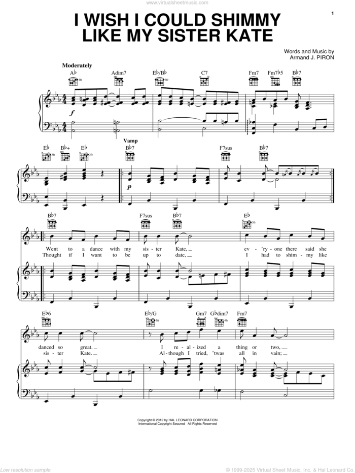 I Wish I Could Shimmy Like My Sister Kate sheet music for voice, piano or guitar by Armand Piron, intermediate skill level