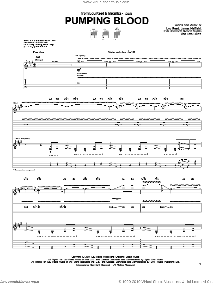 Pumping Blood sheet music for guitar (tablature) by Lou Reed & Metallica, Kirk Hammett, Lars Ulrich, Lou Reed and Robert Trujillo, intermediate skill level