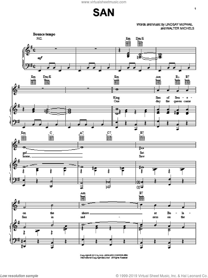 San sheet music for voice, piano or guitar by Lindsay McPhail and Walter Michels, intermediate skill level