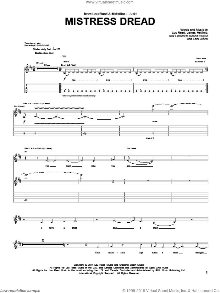 Mistress Dread sheet music for guitar (tablature) by Lou Reed & Metallica, James Hetfield, Kirk Hammett, Lars Ulrich, Lou Reed and Robert Trujillo, intermediate skill level