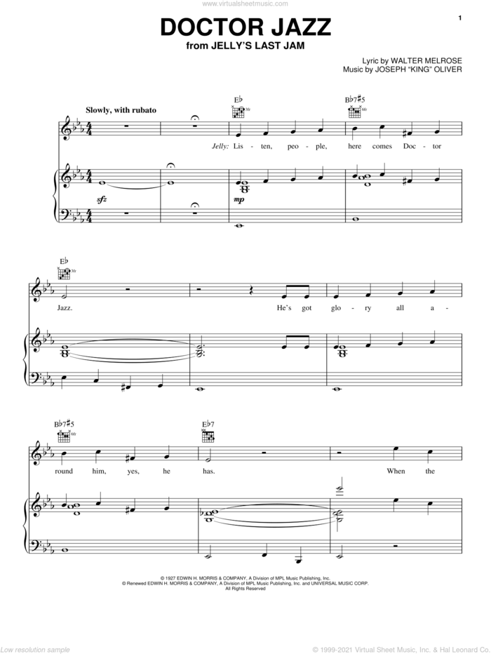 Doctor Jazz sheet music for voice, piano or guitar by Walter Melrose and Joseph 'King' Oliver, intermediate skill level