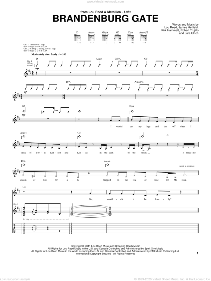 Brandenburg Gate sheet music for guitar (tablature) by Lou Reed & Metallica, James Hetfield, Kirk Hammett, Lou Reed and Robert Trujillo, intermediate skill level