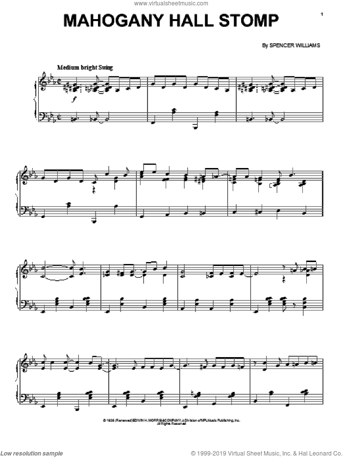 Mahogany Hall Stomp sheet music for voice, piano or guitar by Spencer Williams, intermediate skill level
