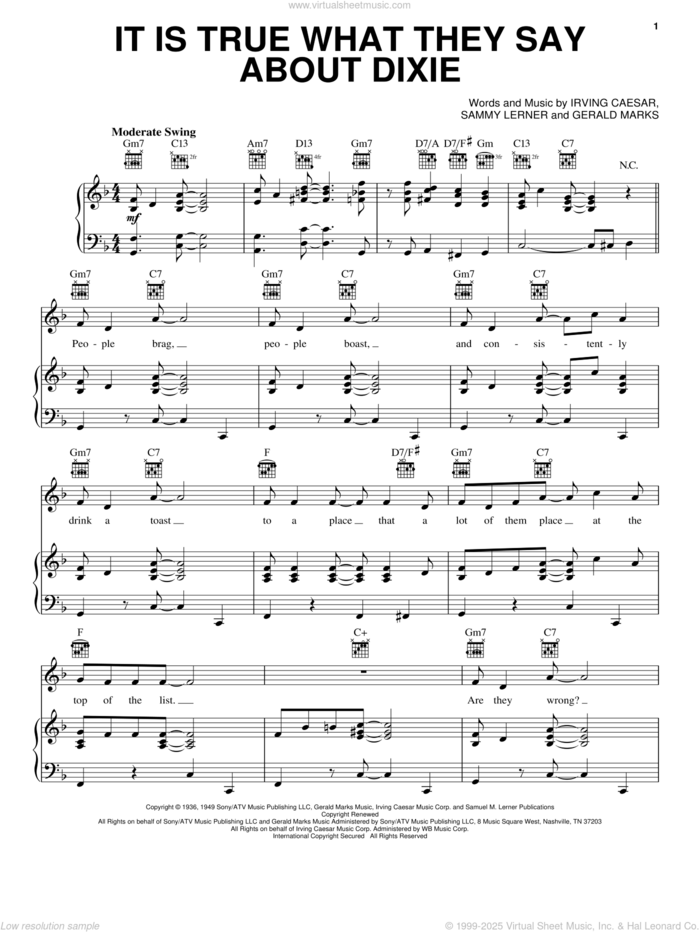 Is It True What They Say About Dixie sheet music for voice, piano or guitar by Gerald Marks, Irving Caesar and Sammy Lerner, intermediate skill level