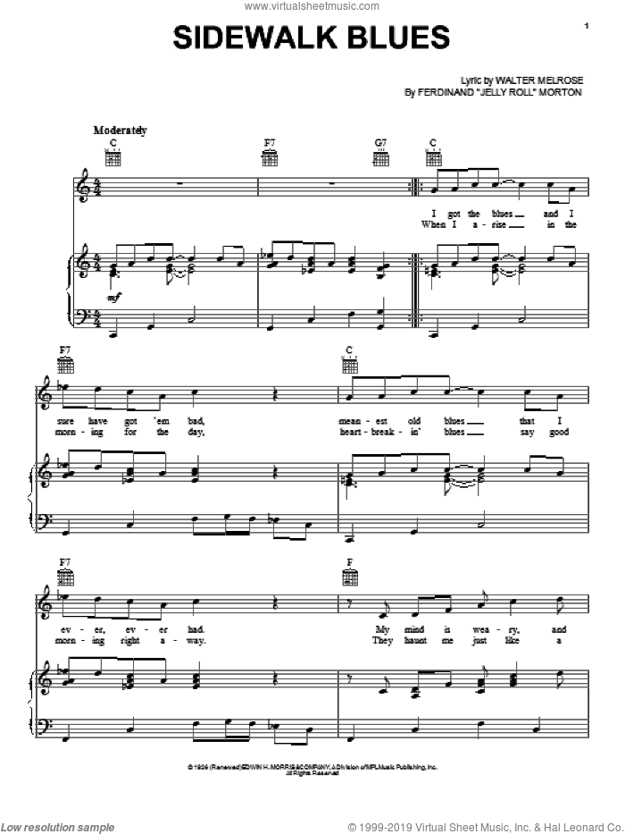 Sidewalk Blues sheet music for voice, piano or guitar by Jelly Roll Morton and Walter Melrose, intermediate skill level