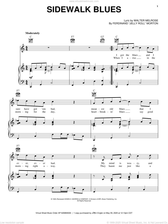 Sidewalk Blues sheet music for voice, piano or guitar by Jelly Roll Morton and Walter Melrose, intermediate skill level
